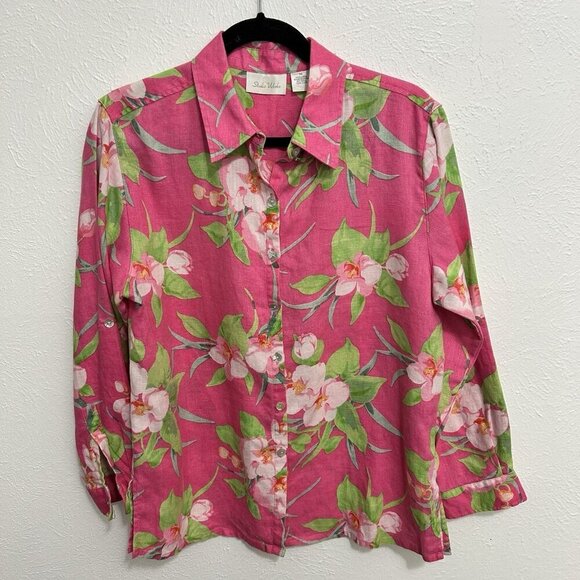 Pink Floral 100% Linen Tunic Top Long Sleeve Button Front Colorful Beach Size M - Picture 1 of 12